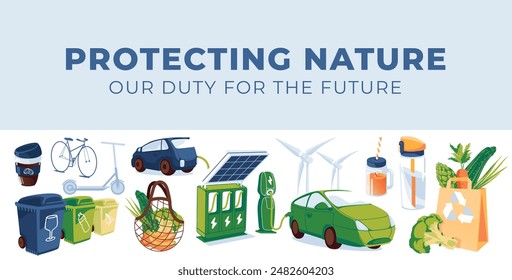 Eco lifestyle set of objects. Zero waste and profitable energy. Electric car and solar charging station. Vector flat illustration