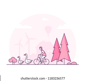 Eco lifestyle - thin line design style vector illustration. Pink colored high quality composition with geese, tree, wind power generator, silhouette of house on the background. Country, farm landscape