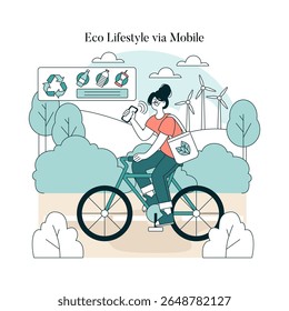 Eco lifestyle vector illustration depicting a person cycling with a mobile phone app for sustainable living amidst wind turbines and recycling symbols, promoting environmental awareness.