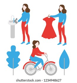 Eco lifestyle vector illustration. Save water. Evironment care, ecology protection. Second hand, charity and donation people on white background. Bicycle ecological transport