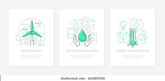 Eco lifestyle - vector line design style banners set with place for text. Green energy, water and energy conservation linear illustrations. Wind turbine, tap, washing machine and lightbulb, ESL icons