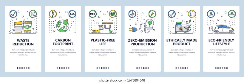 Eco lifestyle web site and mobile app onboarding screens. Menu banner vector template for website and application development. Plastic free, zero emission, eco friendly life. Thin line art flat style