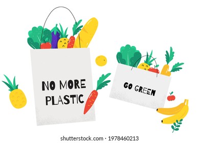 Eco lifestyle and zero waste illustration concept art. Vegetarian and healthy shopping. Food in the tote bag. Postcard, poster, design element.