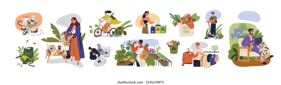 Eco lifestyle, zero waste life concept. Green sustainable habits set. Conscious consumers with recycled, renewable, reusable products. Flat graphic vector illustrations isolated on white background - Shutterstock ID 2196139871