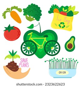 Eco lifestyle, zero waste life concept. Green sustainable habits set. Conscious consumers with recycled, renewable, reusable products. Flat vector illustrations isolated on white background.
