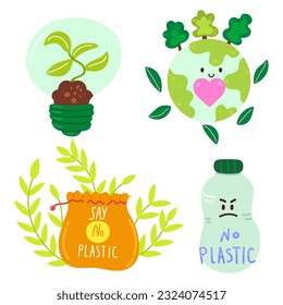 Eco lifestyle, zero waste life concept. Green sustainable habits set. Conscious consumers with recycled, renewable, reusable products. Flat vector illustrations isolated on white background.