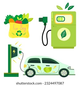 Eco lifestyle, zero waste life concept. Green sustainable habits set. Conscious consumers with recycled, renewable, reusable products. Flat vector illustrations isolated on white background.