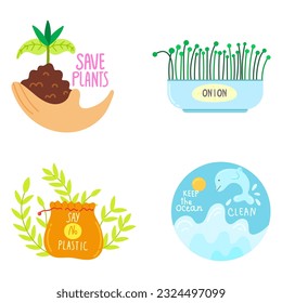 Eco lifestyle, zero waste life concept. Green sustainable habits set. Conscious consumers with recycled, renewable, reusable products. Flat vector illustrations isolated on white background.