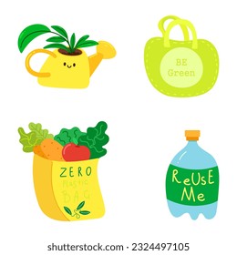 Eco lifestyle, zero waste life concept. Green sustainable habits set. Conscious consumers with recycled, renewable, reusable products. Flat vector illustrations isolated on white background.