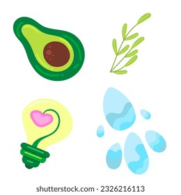 Eco lifestyle, zero waste life concept. Green sustainable habits set. Conscious consumers with recycled, renewable, reusable products. Flat vector illustrations isolated on white background.