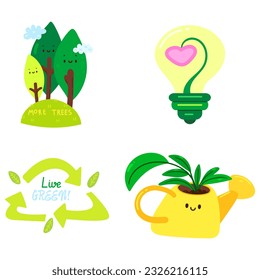 Eco lifestyle, zero waste life concept. Green sustainable habits set. Conscious consumers with recycled, renewable, reusable products. Flat vector illustrations isolated on white background.