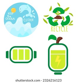 Eco lifestyle, zero waste life concept. Green sustainable habits set. Conscious consumers with recycled, renewable, reusable products. Flat vector illustrations isolated on white background.