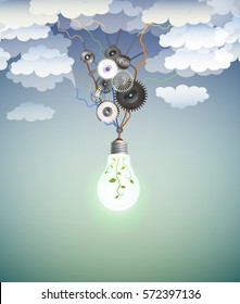 Eco light bulb concept, eco energy engine, realistic light bulb with mechanic engine and with plant inside on the clean cloudy sky, save the  Earth atmosphere concept, clean air and energy idea