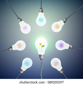 Eco light bulb concept, group of bulbs and one is green in the center with dandelion inside, different light bulb idea, realistic light bulb with yellow flower inside, ecology energy concept, 
