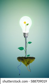 Eco light bulb concept, realistic light bulb with dandelion inside growing on flying soil rock in clear blue sky, ecology energy concept
