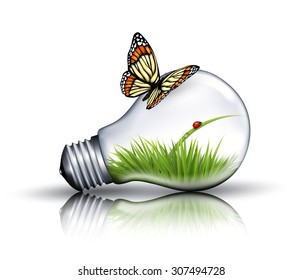 Eco light bulb with grass, a ladybug and a butterfly. Vector.