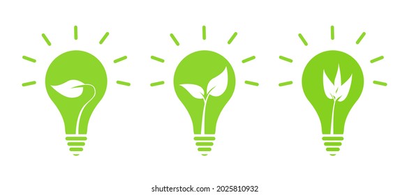 icono de la bombilla ecológica, símbolo de idea, ilustración de vector plano, conjunto de tres bombillas