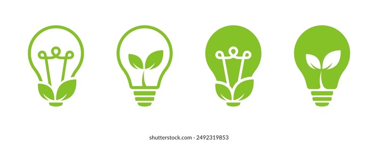 Eco light bulb icons. Light bulb with green leaves. Ecological energy. Eco light bulb icon collection. Green energy symbol vector illustration.