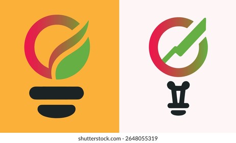 Logotipo de lâmpada Eco com folha e símbolo de crescimento de energia em gradiente e estilo plano