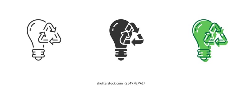 Lâmpada Eco com Ícone de Símbolo de Reciclagem para Economia de Energia. Eco Electricity Lightbulb Renewable Resource Line e Silhouette Icon Set. Traço editável. Ilustração de vetor isolada.