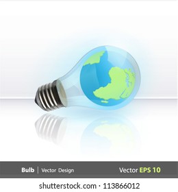 Eco light bulb with world inside. Vector background illustration.