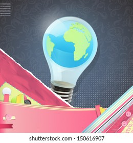 Eco light bulb with world inside over vintage background. Vector design. 