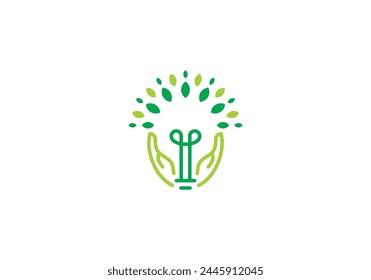 eco light bulbs with hand logo. lamp leaves tree combination icon design vector