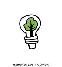  icono de luz ecológica. Lámpara de ahorro de energía ecológica Doodle. Reciclando. Ilustración vectorial sobre fondo blanco. Diseño de mano.Concepto de ecología verde, planta que crece dentro de la bombilla.