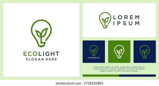 Eco design logotipo luz com lâmpada e folha.