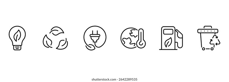 Eco light recycle energy plug planet temperature fuel bin green clean environment icon set vector illustration line outline.