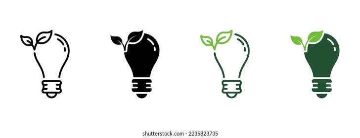 Eco Lightbulb Line and Silhouette Icon Set. Ecological Light Bulb. Ecology Electricity Lamp with Leaf Symbol Collection on White Background. Environment Conservation. Isolated Vector Illustration.