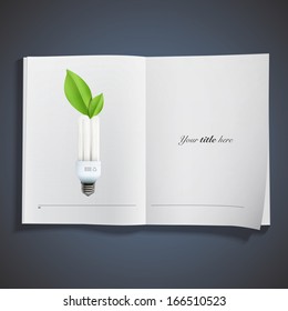 Eco lightbulb printed on book. Vector design 