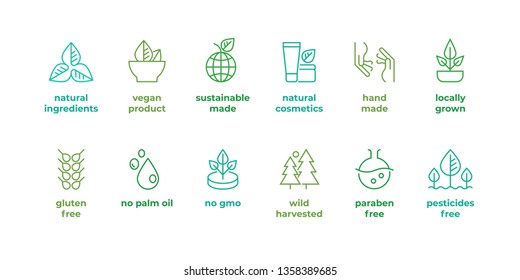 Eco line badge. Handmade eco logos, natural organic cosmetics vegan food symbols, Vector linear gluten free, no gmo emblems. Beauty bio grade toxic ingredients free