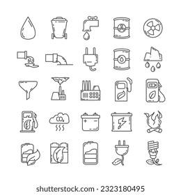 Eco line icon set with eco friendly fuel station, factory, environmental pollution