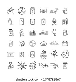 Eco line icon set with, chemical waste, nuclear pollution, battery, global warming, factory, alternative energy, energy saving bulb