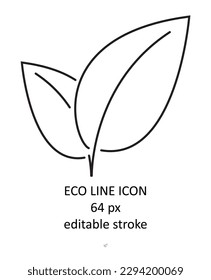 Öko-Linie, Blattsymbol, Vektorgrafik. Zweig mit Blatt. Botanische Linie zeitgenössische Elemente. 64 Pixel perfekt Symbol. Trendy Kontur Symbol für mobile App und Website UIUX Design. 