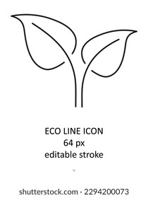 Eco line, leaf icon vector. Branch with leaf. Botanical line contemporary elements. 64 pixel perfect icon. Trendy contour symbol for mobile app and website UIUX design. 