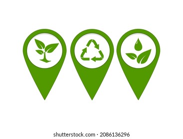 Eco location green map pin with leaf tree and recycling symbol set isolated on white background. Geotag travel or farm pointer - marker position navigation. Flat cartoon design vector illustration.