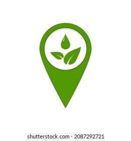 Eco location green map pin with leaf and drop isolated on white background. Geotag eco garden pointer - marker position navigation. Flat design clip art vector illustration.