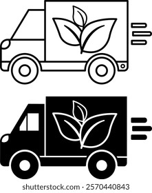 Eco Logistics Icons. Black and White Vector Illustration. Truck with Plant Leaves. Sustainable Logistics, Reducing Environmental Damage. Delivery Service