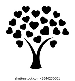 Eco logo. Caring for nature. Family values. Leaves from hearts. Tree of love. Concept of care, kindness, love. Totality of love. Logo of a tree with hearts. Black and white tree.