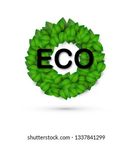 ECO logo concept. A round filled with Realistic Green leaves. Natural products logo design. Vegan friendly, Healthy Bio life style, recycle symbol isolated on white background. Vector illustration