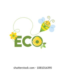 Eco logo with cute bee and bee hive vector illustration.