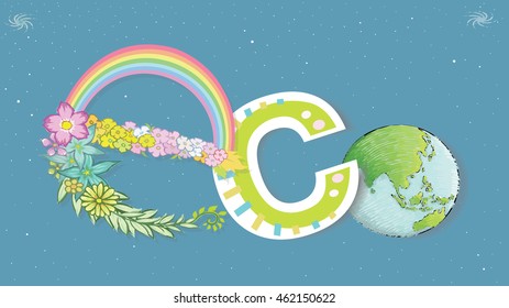 Eco logo design with earth. Space and stars background. Ecology design for earth-day. Abstract design exotic bohemian.