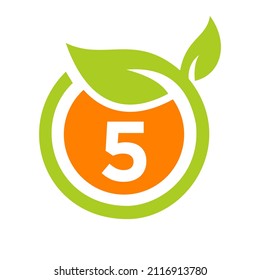 Letra de diseño con logotipo ecológico 5 vector. Plantilla de diseño de icono de logotipo de hoja ecológica en concepto de 5 letras