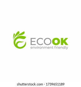 Eco logo design. Ok for logo template. Hand leaf logotype. E letter design. OK for the ecology icon. Environment friendly. Sustainable. Green.