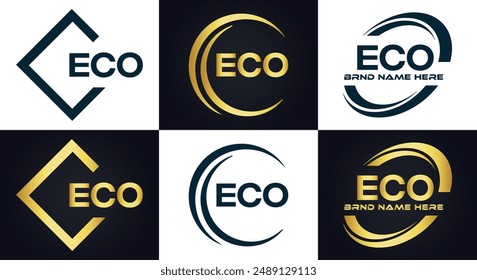 ECO logo. E C O design. White ECO letter. ECO, E C O letter logo design. E C O letter logo design in GOLD, 