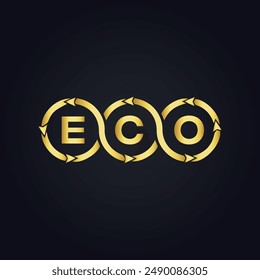 ECO logo. E C O design. White ECO letter. ECO, E C O letter logo design. E C O letter logo design in GOLD, 