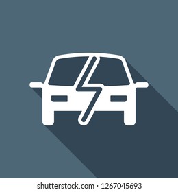 Eco logo of electric car with lightning mark, technology icon. White flat icon with long shadow on blue background