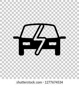 Eco logo of electric car with lightning mark, technology icon. Black symbol on transparent background